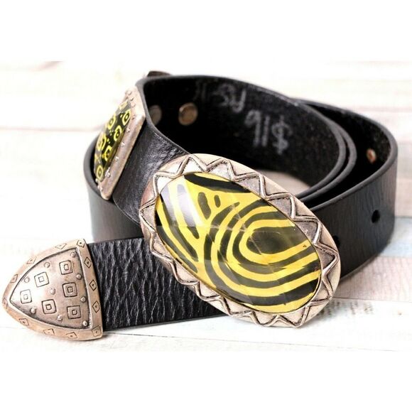 VINTAGE BLACK GENUINE LEATHER 1.25"Wd HOOK BUCKLE CASUAL WOMEN'S BELT Sz M (G74 - Picture 3 of 12